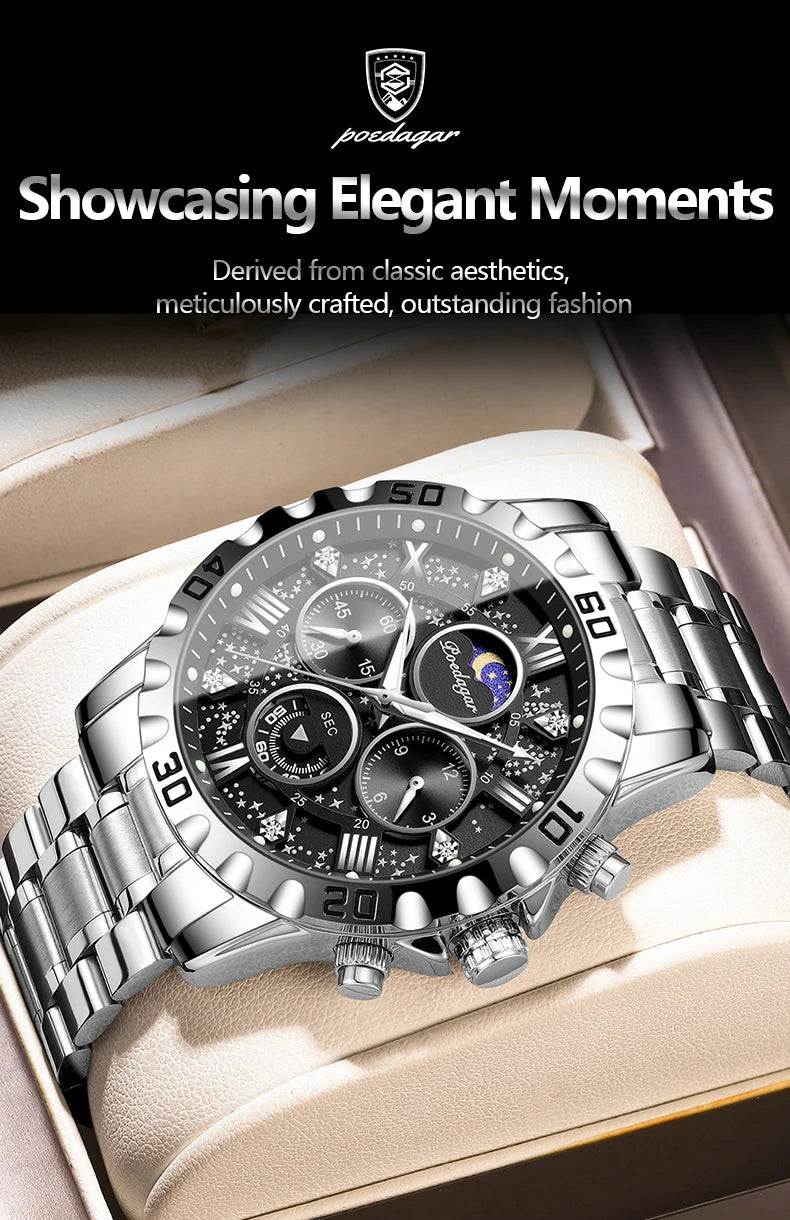 POEDAGAR Luxury Man Watch Waterproof Luminous Stainless Steel Quartz Men's Wristwatch Chronograph Military Watches For Men Reloj Beauty World Shop