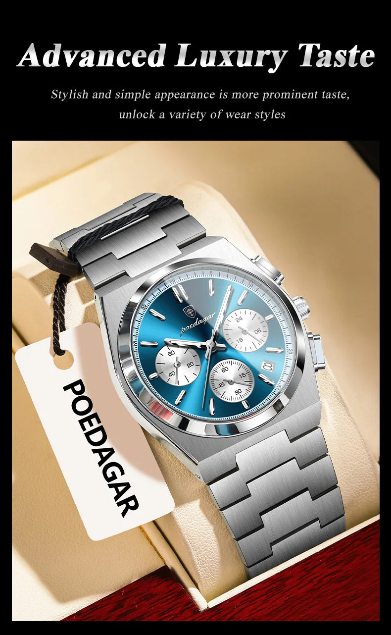 POEDAGAR Fashion Man Watches Chronograph Date Stainless Steel Casual Men Wristwatch Waterproof Luminous Men's Quartz Watch Reloj Beauty World Shop