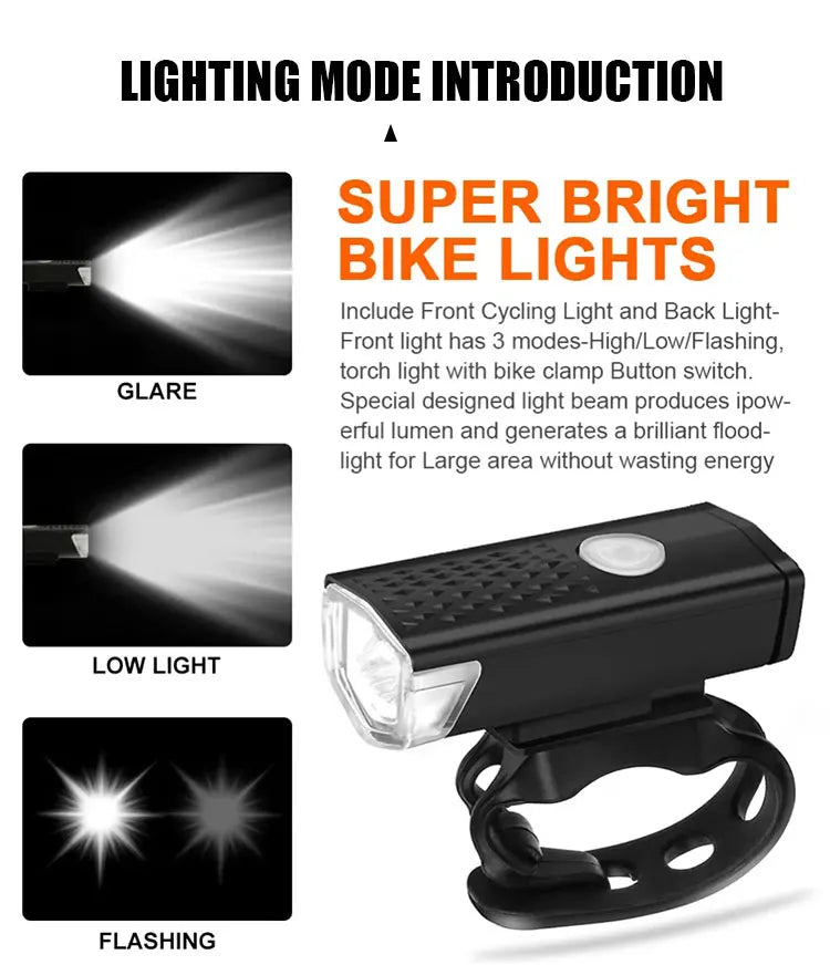 Bicycle Front Rear Light Set LED Rechargeable MTB Bike Head Light Cycling Red Warning Tail Light Accessories for Night Riding Beauty World Shop