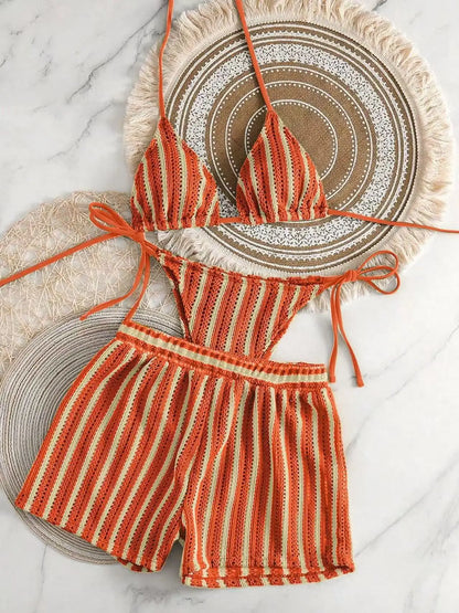 2026 new style boxer shorts mesh three-piece women's swimsuit neck lace-up bikini set Beauty World Shop