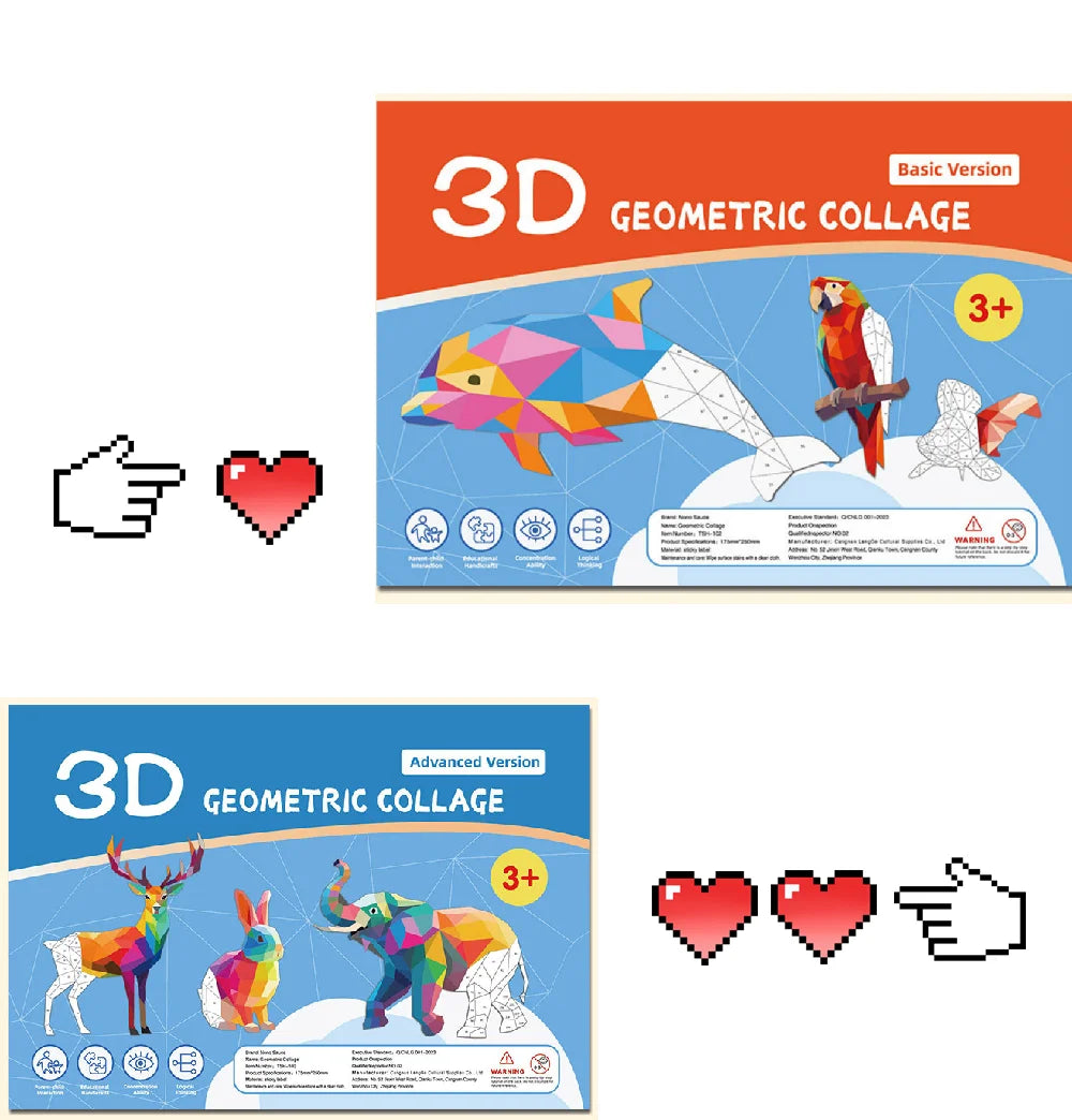 3D Geometric Heteroideus Animal Puzzle Stickers Puzzle Stress Relieving Block Drawing DIY Stickers Basic /Advanced Version/2PCS Beauty World Shop