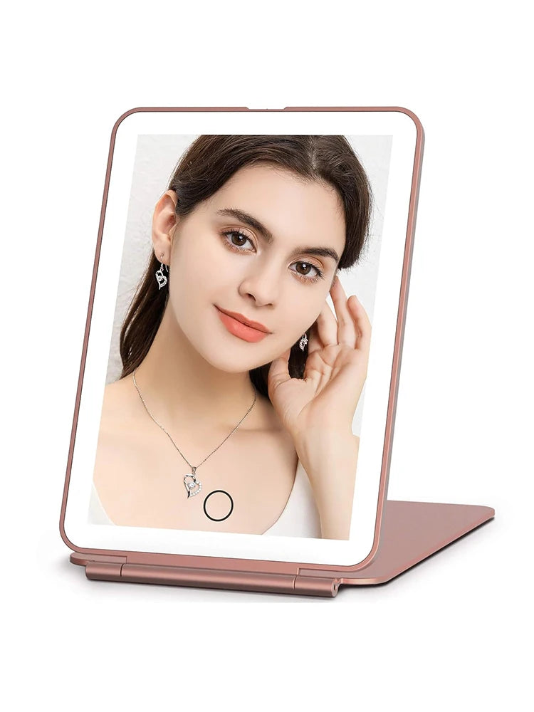 LED Folding Travel Makeup Mirror 3 Colors Light Modes USB Rechargeable Touch Screen Portable Tabletop Cosmetic Mirror Beauty World Shop