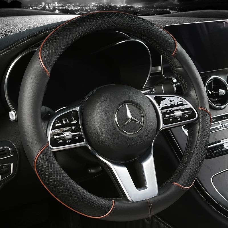 All Seasons Leather Diamond Steering Wheel Cover Universal Fit for 14 .5-15 Inch Durable Leather Cover Anti-Slip Veins Design Beauty World Shop