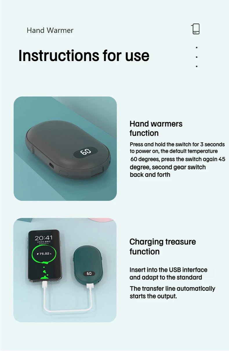 USB Rechargeable Hand Warmer Power Bank 2-in-1 Mini Electric Heater High-Capacity Pocket Warmer Winter Gift for Cold Weather Beauty World Shop