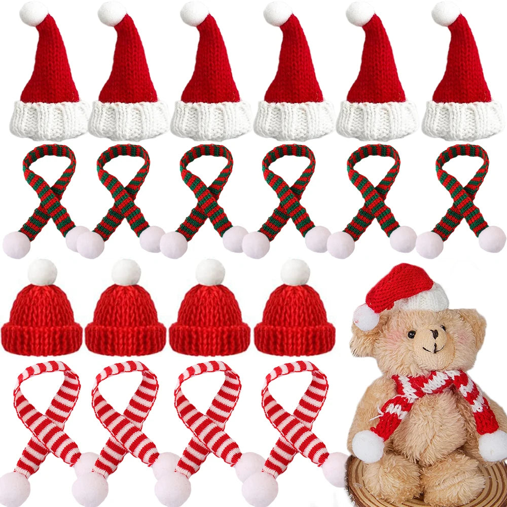 Mini Santa Knitted Hat & Scarf Small Christmas Costume for Cat Rabbit Doll Lollipop Bottle Cap DIY Xmas Party Dinner Decoration Beauty World Shop