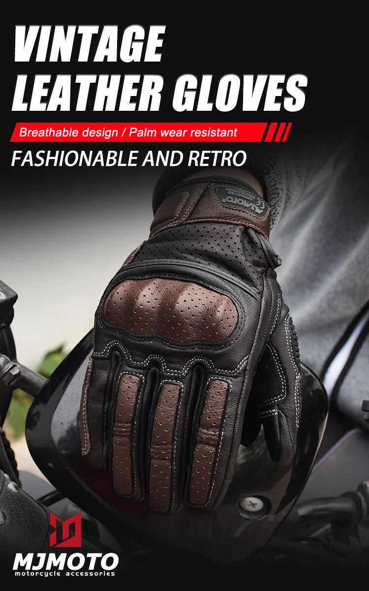 With CE Approved Summer Retro Perforated Leather Motorcycle Gloves Men Women Full Finger Motocross Dirt Biker Glove Guantes Moto Beauty World Shop