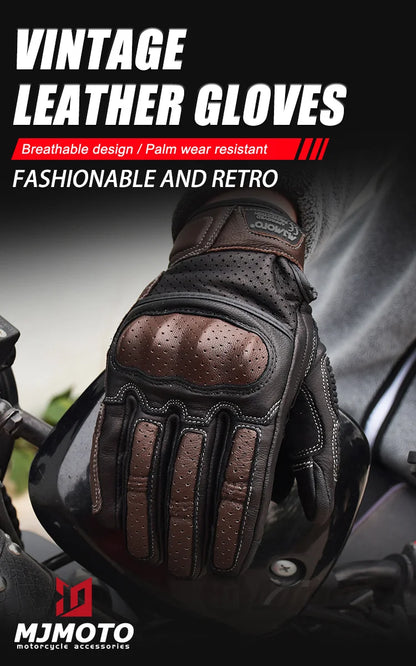 With CE Approved Summer Retro Perforated Leather Motorcycle Gloves Men Women Full Finger Motocross Dirt Biker Glove Guantes Moto Beauty World Shop