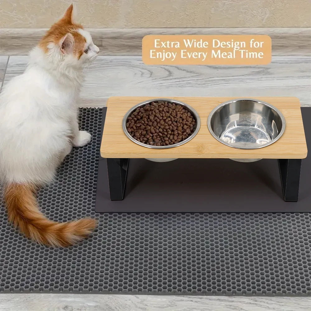 Elevated Cat Bowls 15° Tilted Raised Cat Food Bowls with Wooden Stand Anti Vomiting 2 Stainless Steel Bowls for Cats and Puppy Beauty World Shop