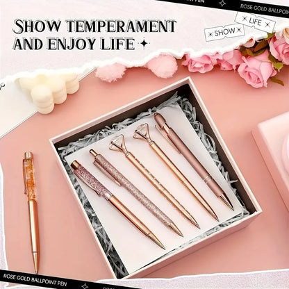 8pcs Rose Golden Ballpoint Pen Set - Stylish Metal Pens with Crystal Accents - Perfect for Students, Office, Gifts, and Weddings Beauty World Shop