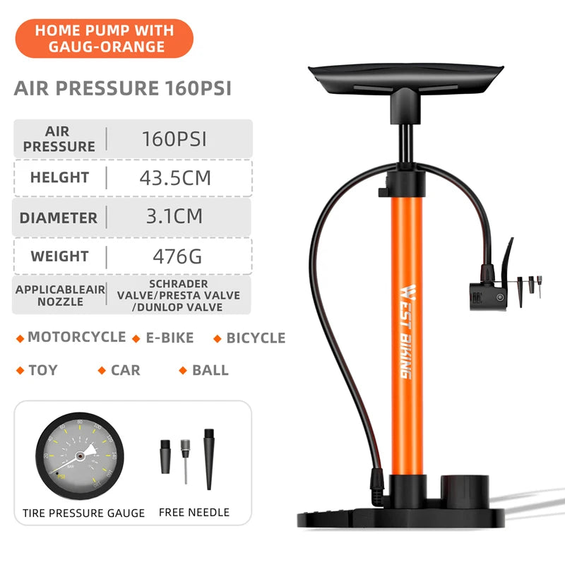 WEST BIKING 160PSI Bike Pump With Gauge Portable Stainless Steel Bike Pump Schrader Presta Valve Inflator Bike Accessories Beauty World Shop