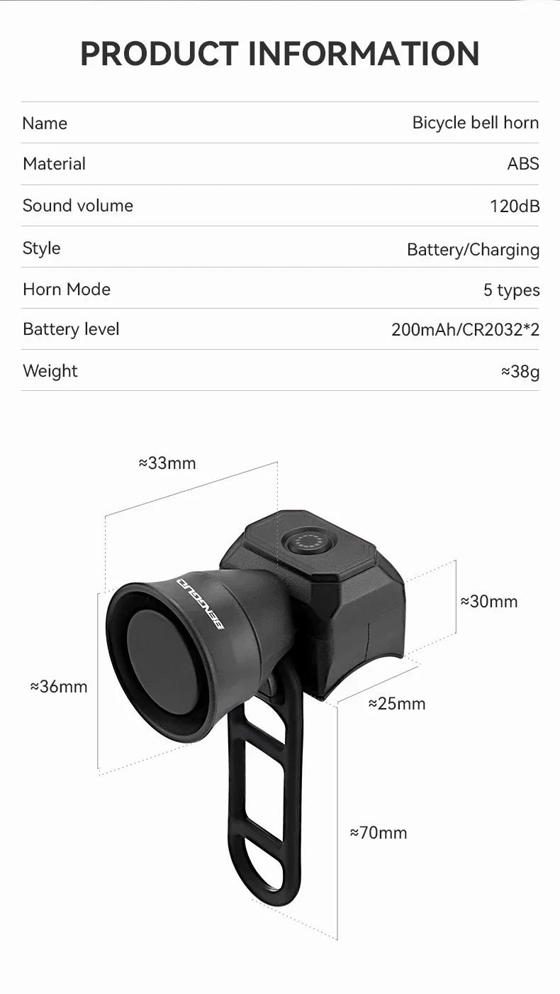 Bicycle Horn Mountain Bike Battery/USB Charging Waterproof Electronic Bike Bell Riding Equipment Children's Scooter Accessories Beauty World Shop