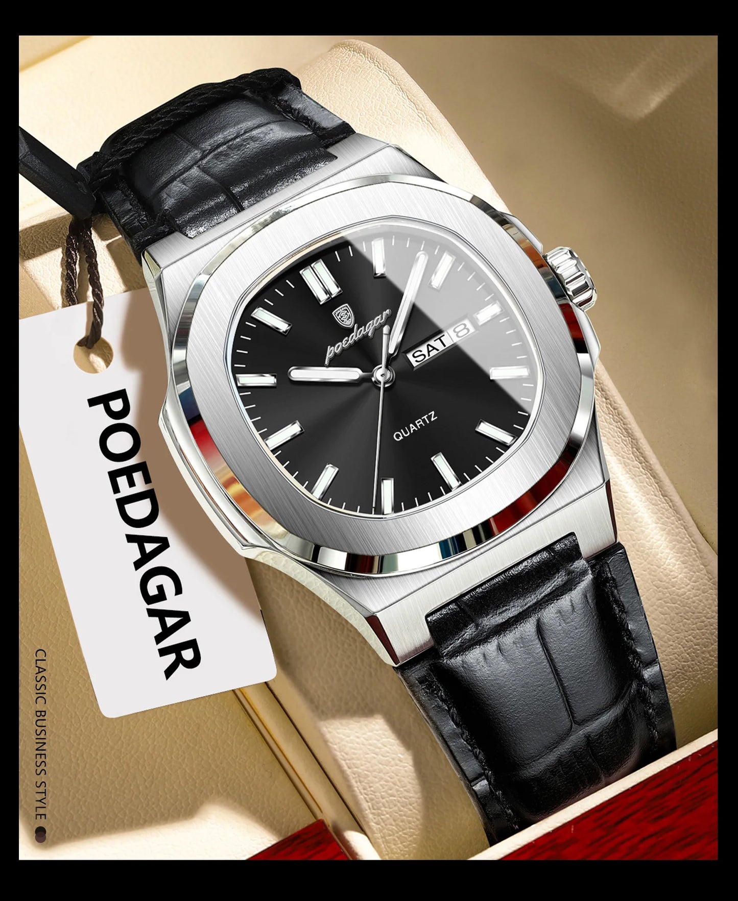 POEDAGAR Square Wristwatch For Men Luminous Waterproof Week Calendar Luxury Man Clock Leather Quartz Fashion Men's Watches Reloj Beauty World Shop