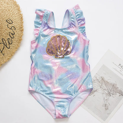 Fishscale Bandage Girls Kids Swimsuit 2026 Shell Shape Embroidery Children Girls One Piece Swimwear Beach Wear Monokini Beauty World Shop