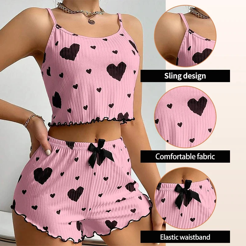 Women's Pajamas Set Sleepwear 2 PCS Short Tank Tops And Shorts S M L White Ventilate Soft Casual Love Printing Beauty World Shop