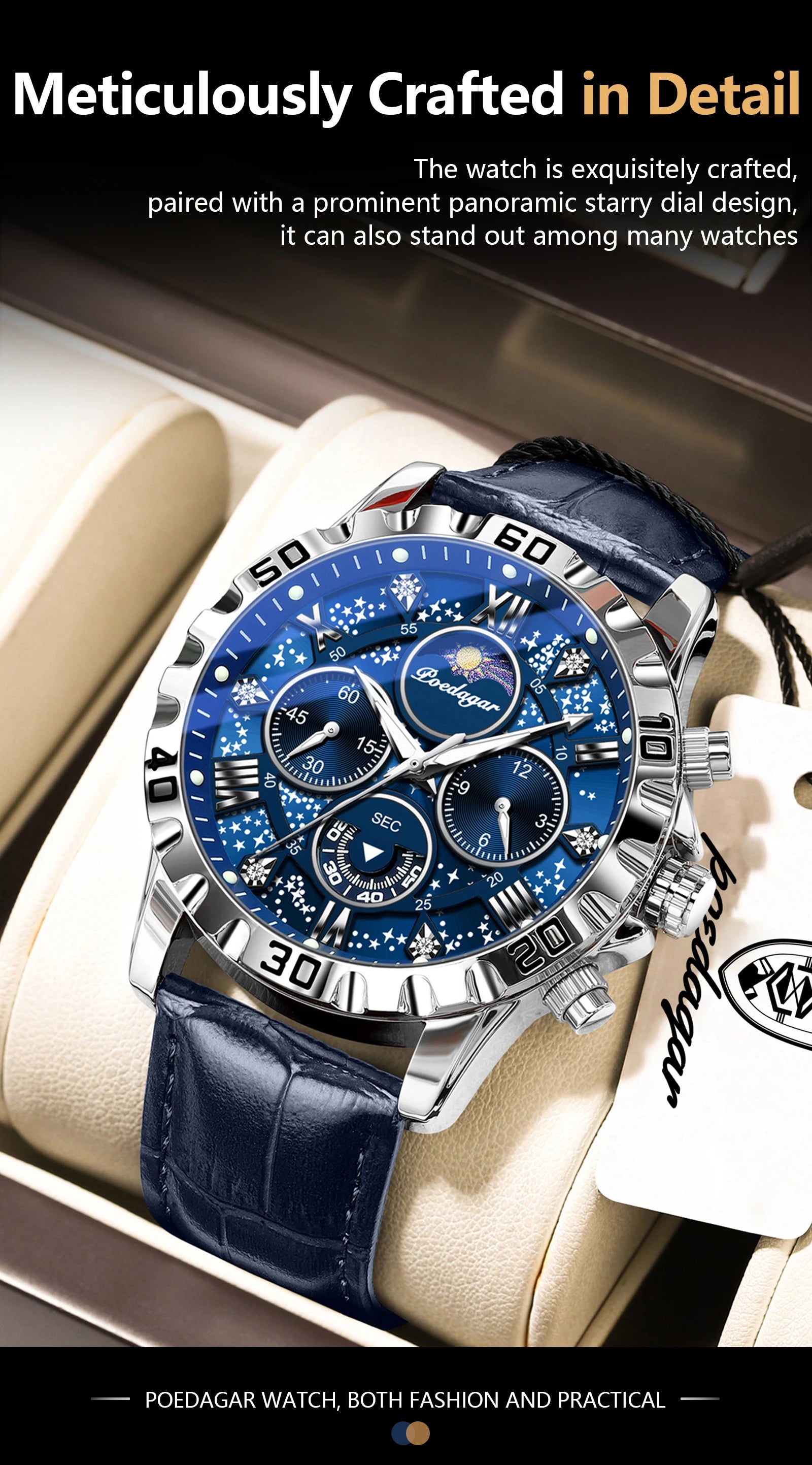 POEDAGAR Top Functional Luxury Man Wristwatch Waterproof Luminous Chronograph Leather Sports Watches For Men Quartz Men's Watch Beauty World Shop
