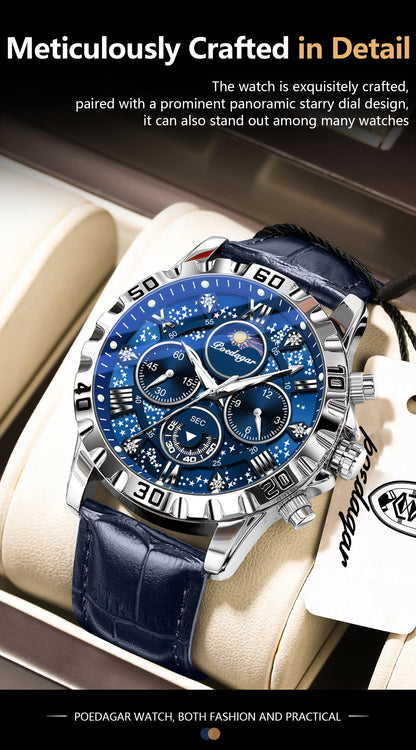 POEDAGAR Top Functional Luxury Man Wristwatch Waterproof Luminous Chronograph Leather Sports Watches For Men Quartz Men's Watch Beauty World Shop