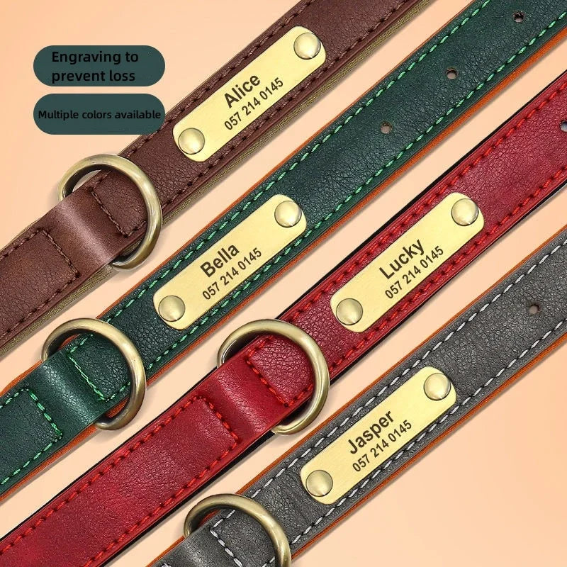 Personalized Customized Leather ID Nameplate Dog Collar Soft Padded Dogs Collars Free Engraving Name for Small Medium Large Dogs Beauty World Shop