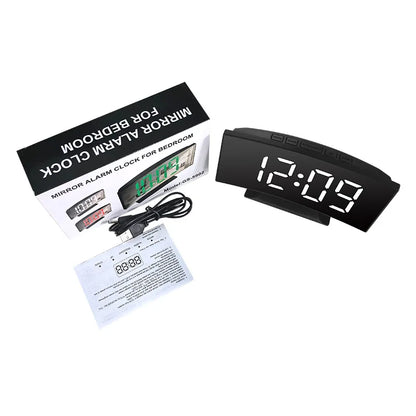 Creative Curved Electronic Clock, LED Large Screen Plug-in Battery Dual-purpose Mirror Alarm Clock, Student Bedroom Dedicated Beauty World Shop
