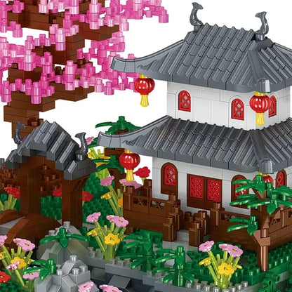 MOC Peach Blossom Pool Cherry Tree House Building Block Chinese Architecture DIY Bricks Cherry Blossom Toy for Kids Adult Gift Beauty World Shop