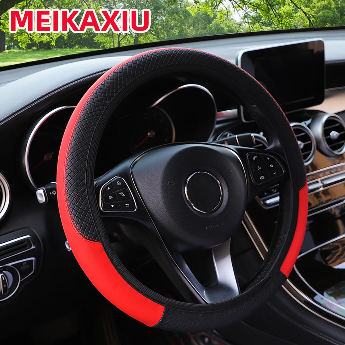 PU leather checkered embossed multi-color car rimless steering wheel cover suitable for 14.5 - 15 inch car interior accessories Beauty World Shop