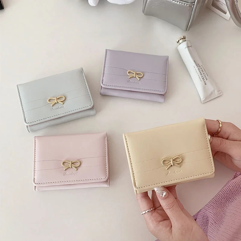 Fashion Wallets Girls Cute Bow Small Wallet Aesthetic Card Holder Classic Three Fold Purse For Women Student Simple Coin Pouch Beauty World Shop