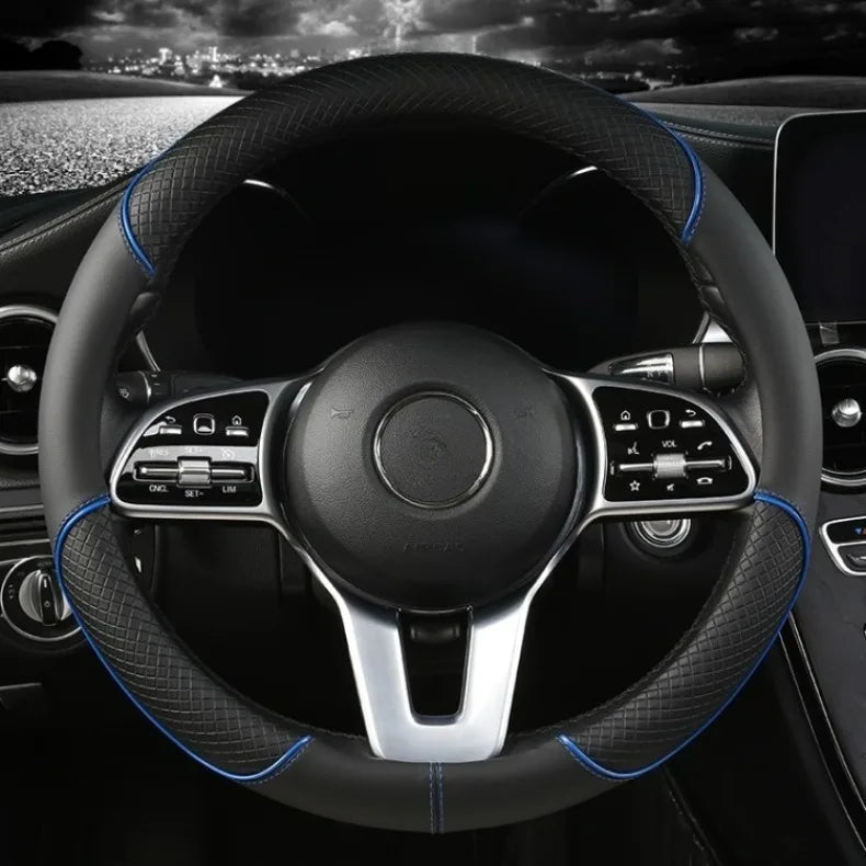 All Seasons Leather Diamond Steering Wheel Cover Universal Fit for 14 .5-15 Inch Durable Leather Cover Anti-Slip Veins Design Beauty World Shop