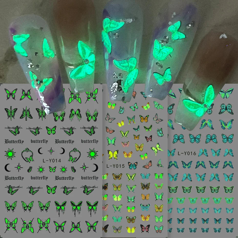 3pcs Luminous Butterfly Nail Decal Stickers Colorful Blue Butterfly Series Design Glow In The Dark Night Polish Sliders Manicure Beauty World Shop