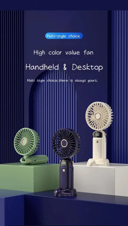 6000mAh Mini Handheld Fan 5 Speeds USB Charging Hanging Neck Fan LED Digital Display For Outdoor Sport Student Office Desk Fan