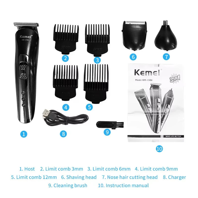 Kemei KM-1506 3 in 1 Electric Hair Clipper USB Charging Shaver Rechargeable Nose Hair Trimmer Professional Shaving Machine Beauty World Shop