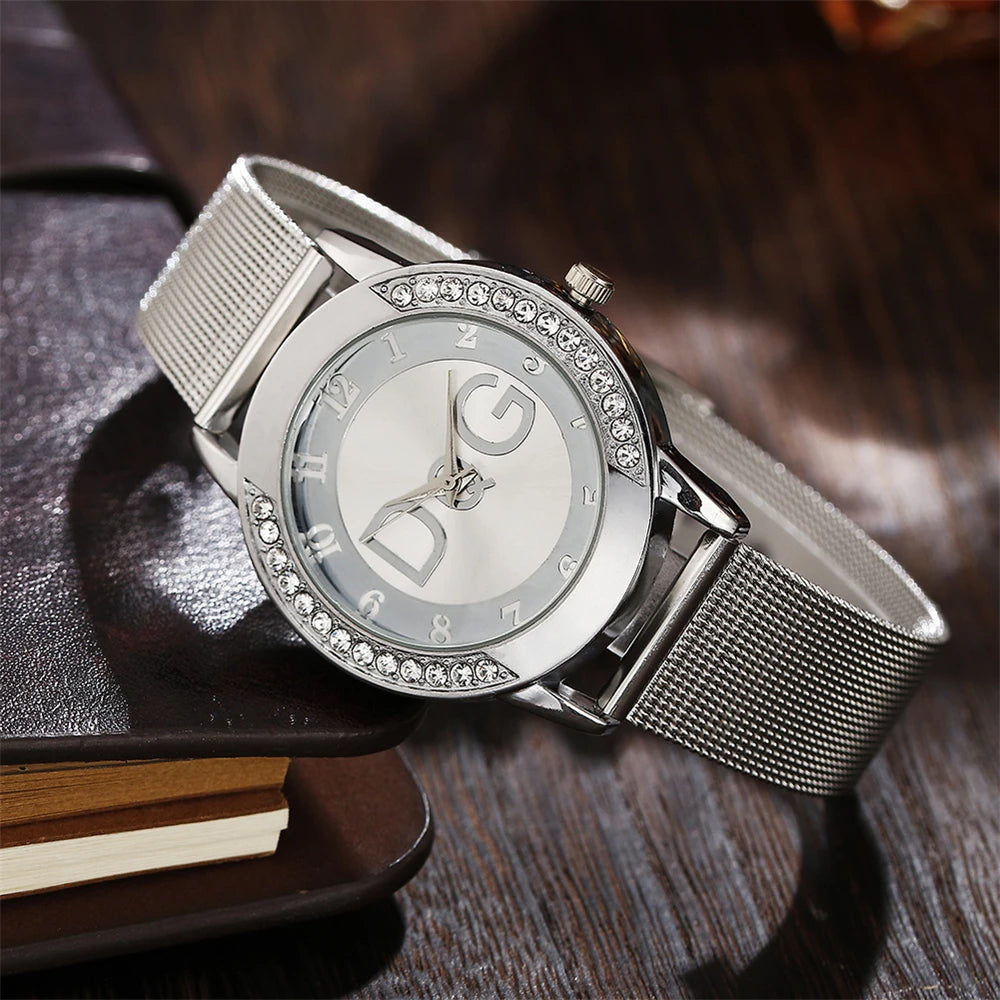 Fashion DQG Brand Starry Sky Diamond encrusted Women's Quartz Watch Casual Stainless Steel Gold Mesh Strap Women's Dress Watches Beauty World Shop