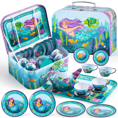 Joyfy Kid Tea Set Mermaid Tea Party Set Princess Pretend Play Tin Teapot Set Kitchen Toy for Girls Toddlers 2 3 4 5 6 Years Old Beauty World Shop