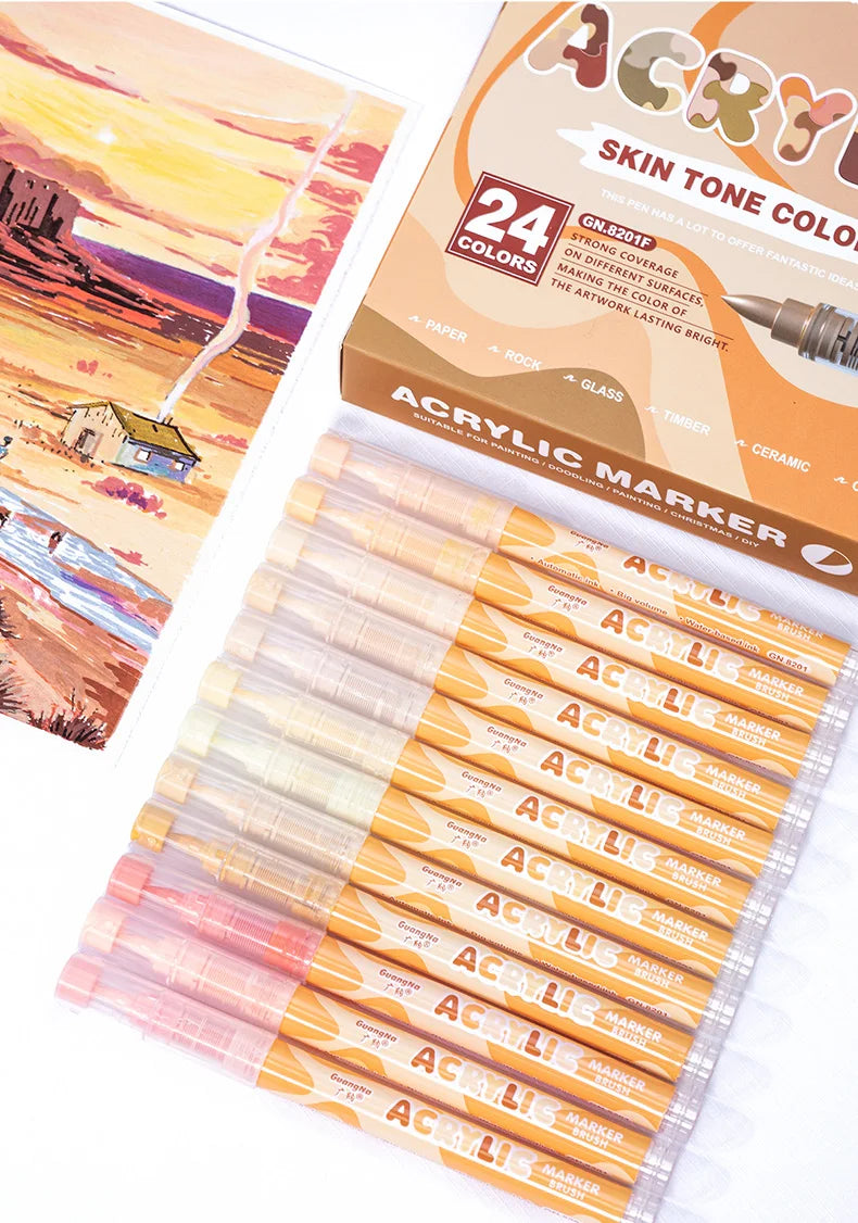 GuangNa 12-72 Colors Soft Brush Acrylic Marker Pen Set,Skin Tone, Macaron color,DIY Hand Drawn,Paint Art Markers pens,GN.8201F/M Beauty World Shop