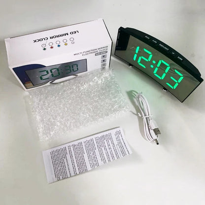 Creative Curved Electronic Clock, LED Large Screen Plug-in Battery Dual-purpose Mirror Alarm Clock, Student Bedroom Dedicated Beauty World Shop