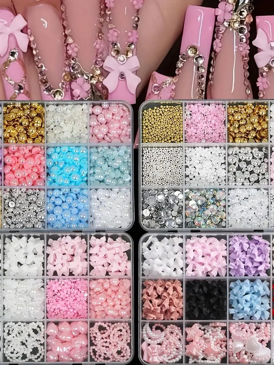 500PCS 3D Nail Art Decoration Kit with Resin Bows, Flat Back Pearls, and Assorted Shapes – Unscented DIY Craft Embellishments Beauty World Shop