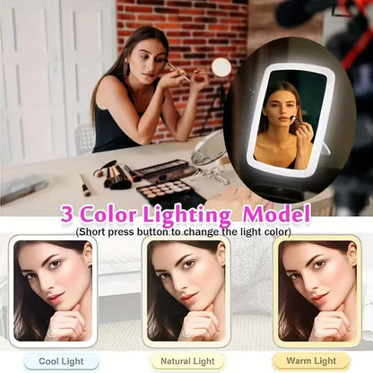LED Makeup Mirror with Stand Desktop Folding Compact Square Travel Cosmetic Portable Lighted Vanity Mirror Touch Screen Tabletop Beauty World Shop