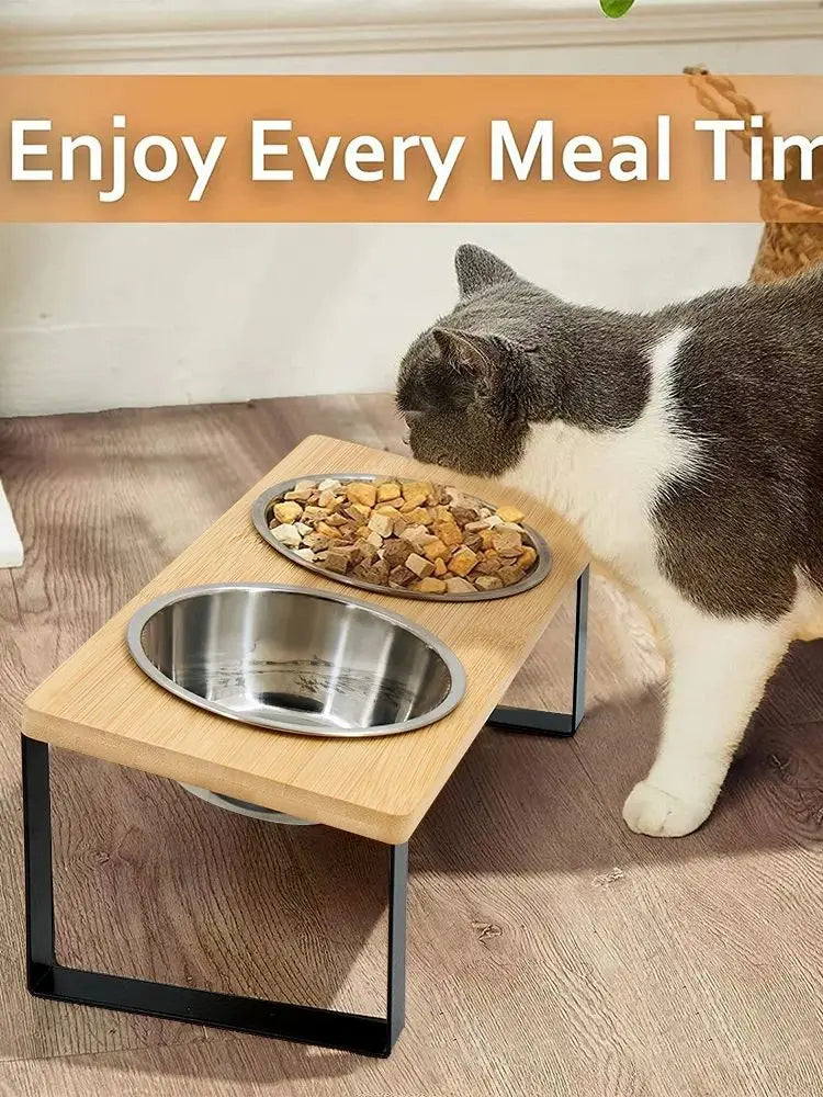 Elevated Cat Bowls 15° Tilted Raised Cat Food Bowls with Wooden Stand Anti Vomiting 2 Stainless Steel Bowls for Cats and Puppy Beauty World Shop