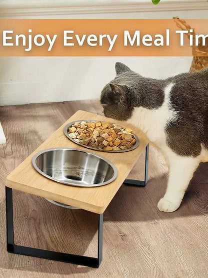 Elevated Cat Bowls 15° Tilted Raised Cat Food Bowls with Wooden Stand Anti Vomiting 2 Stainless Steel Bowls for Cats and Puppy Beauty World Shop