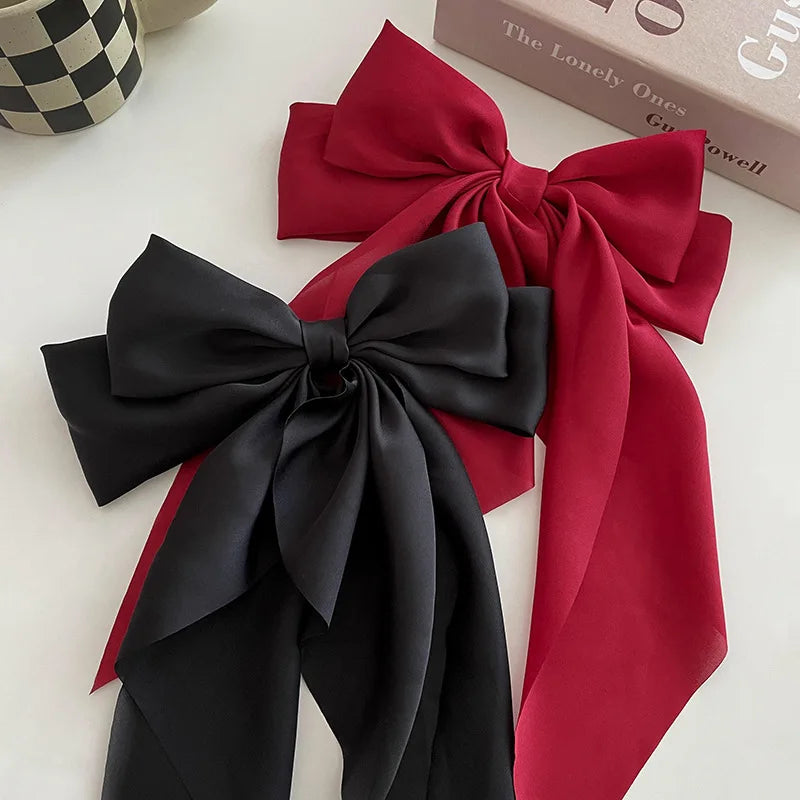 Korean Accessories Hair Clips for Women Girls Big Bowknot Solid Satin Long Ribbon Bows Spring Clamp Barette Cheveux Femme 2023 Beauty World Shop