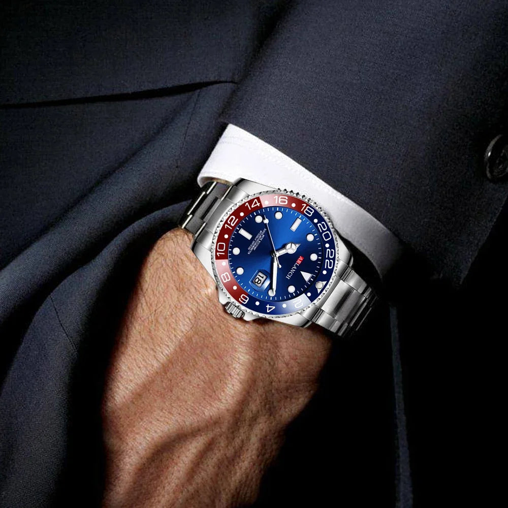Business Stainless Steel Watch 40mm Classic Red Blue Circle Diving Series Magnifying Glass Calendar Quartz Watches montre homme Beauty World Shop