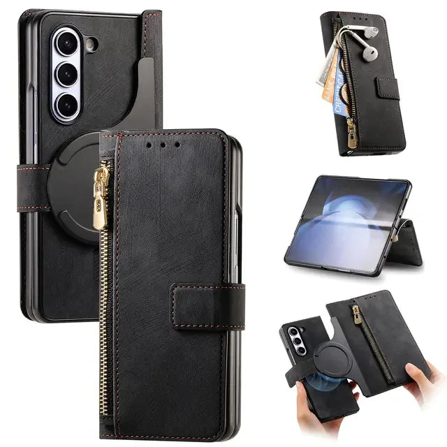 2 in 1 Magnetic Zipper Cards Solt Wallet Leather Case For Samsung Galaxy Z Fold 8 ultra 7 6 5  Wireless Charging Bag Purse Cover Beauty World Shop