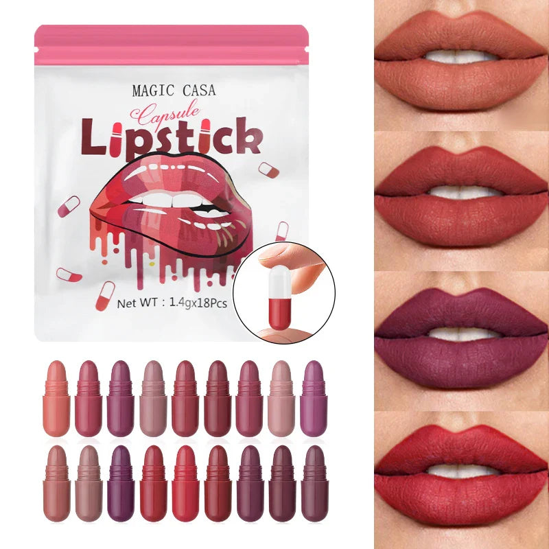 MAGIC CASA 18-Color Capsule Lipstick Set - Mini Matte, Long-lasting, Waterproof, Non-transfer，Soft matte finish Beauty Trend Shop