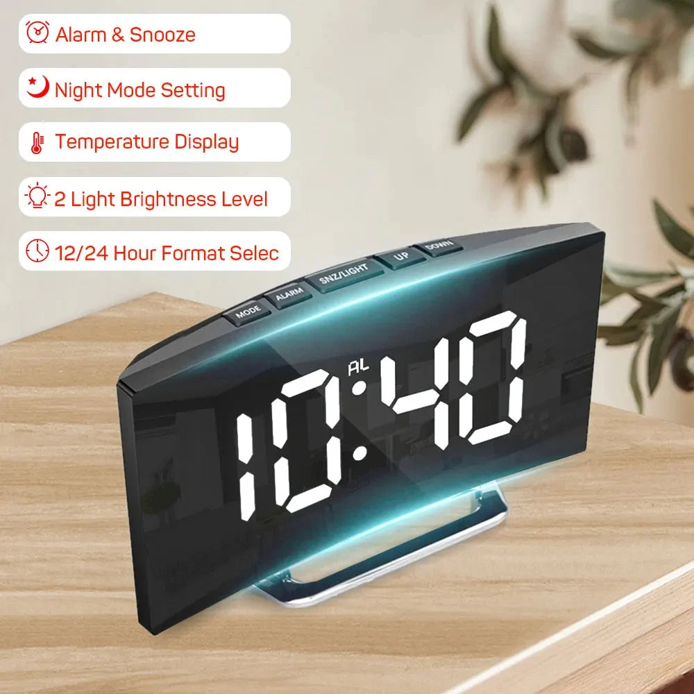 Curved Screen Clock Digital Led Alarm Clock with Temperature Display Large Mirror Clock Snooze Bedside Table Clock Room Decor Beauty World Shop