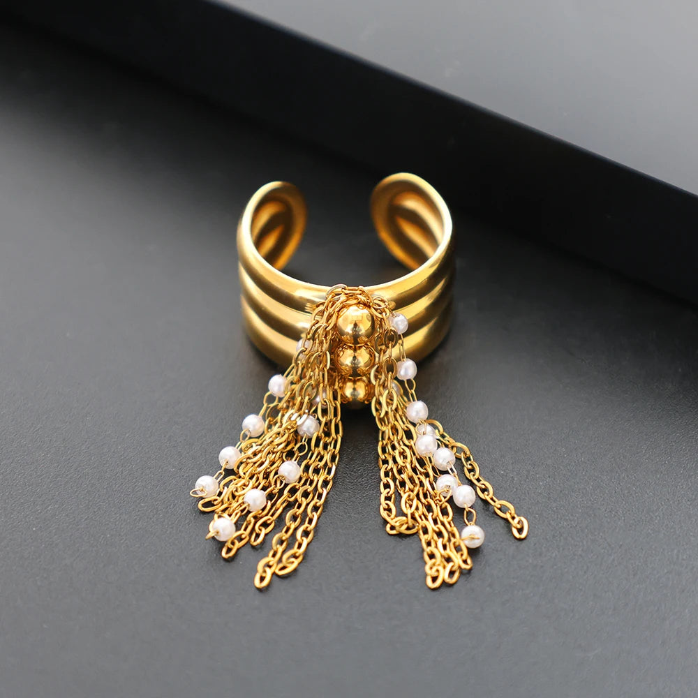 JOVO LOVE Stainless Steel Chain Tassel Finger Ring Adjustable Golden High Quality Charm Open Rings Stylish Waterproof Jewelry Beauty World Shop