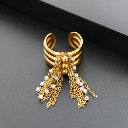 JOVO LOVE Stainless Steel Chain Tassel Finger Ring Adjustable Golden High Quality Charm Open Rings Stylish Waterproof Jewelry Beauty World Shop