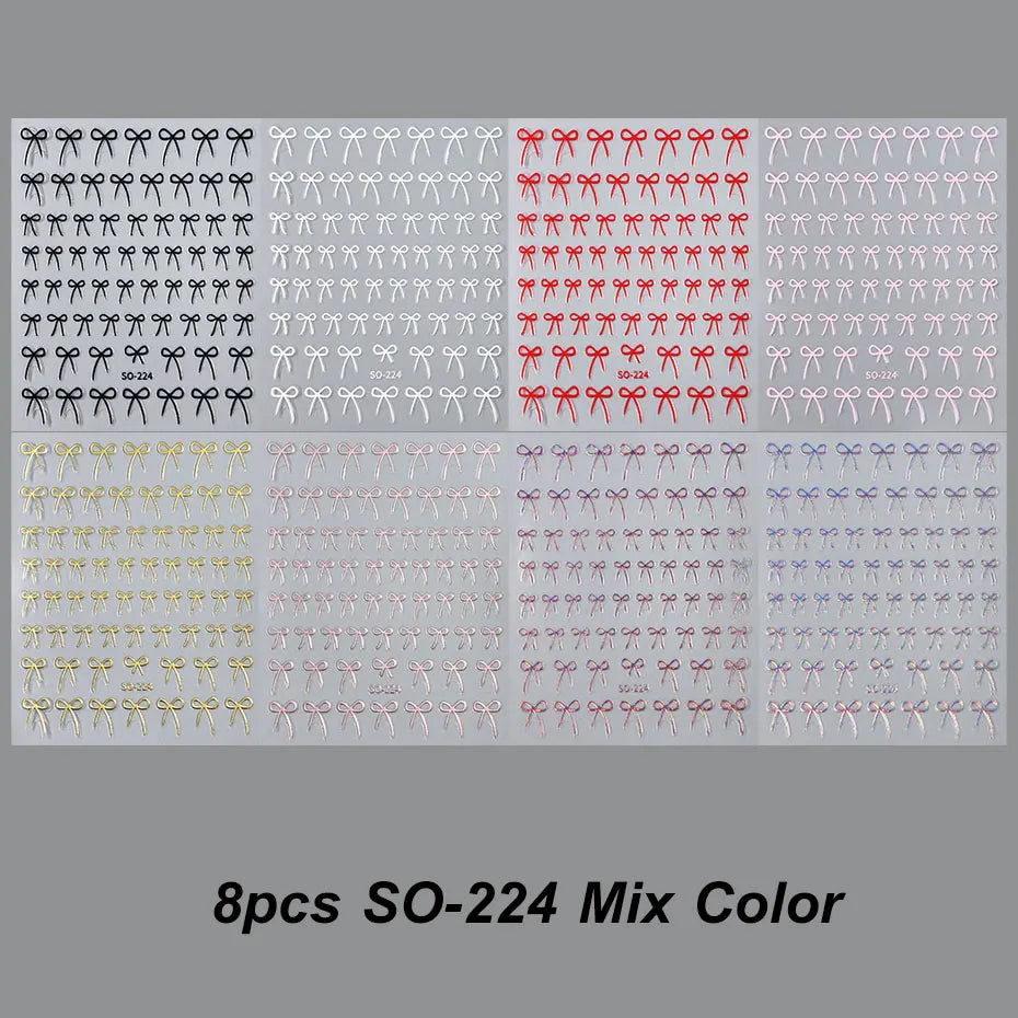8pcs Mixed Color Bow Nail Art Stickers 3D Cute Red Black Pink Bowknot Nail Charms Foils Gold Laser Effect Bow Manicure Decor Beauty World Shop