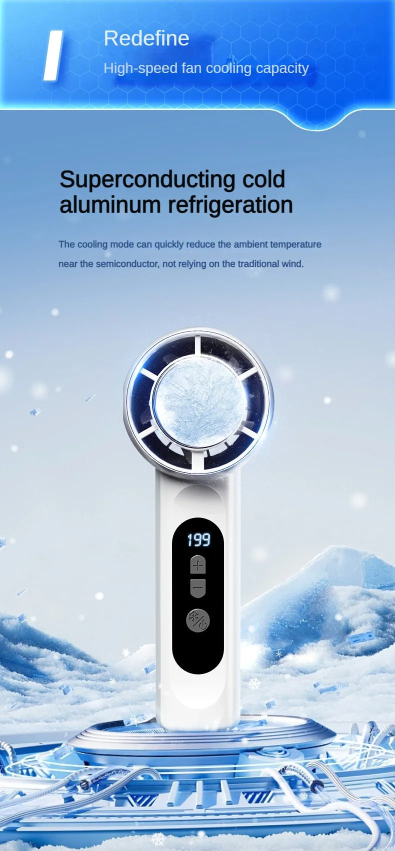 Handheld Portable Fan 199-Speed Desktop Fan USB Rechargeable Cooling Refrigeration Fan LED Display For Home Office Travel ﻿ Beauty World Shop