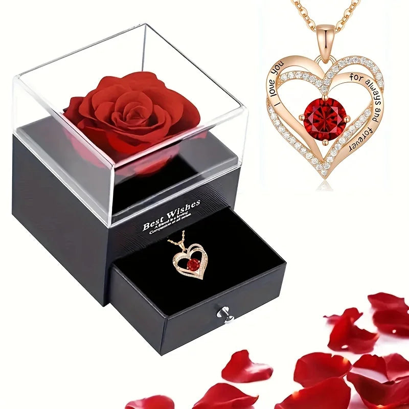 Luxury Red Zircon Pendant Necklaces With Rose Flower Gift Box For Girlfriend Women I Love You Gifts 2024 Trendy Wedding Jewelry Beauty World Shop