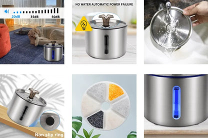 2.5L Stainless Steel Automatic Cat Water Fountain Auto Power-off Fountain With LED Light Non-slip Mat Dog Water Dispenser