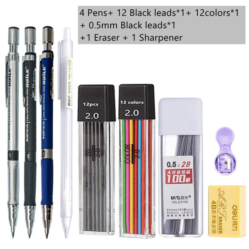 Mechanical Pencil Set 2.0 mm with 2B Black/Colors Lead Refill For Writing Sketching Art Drawing Painting School Automatic Pencil Beauty World Shop