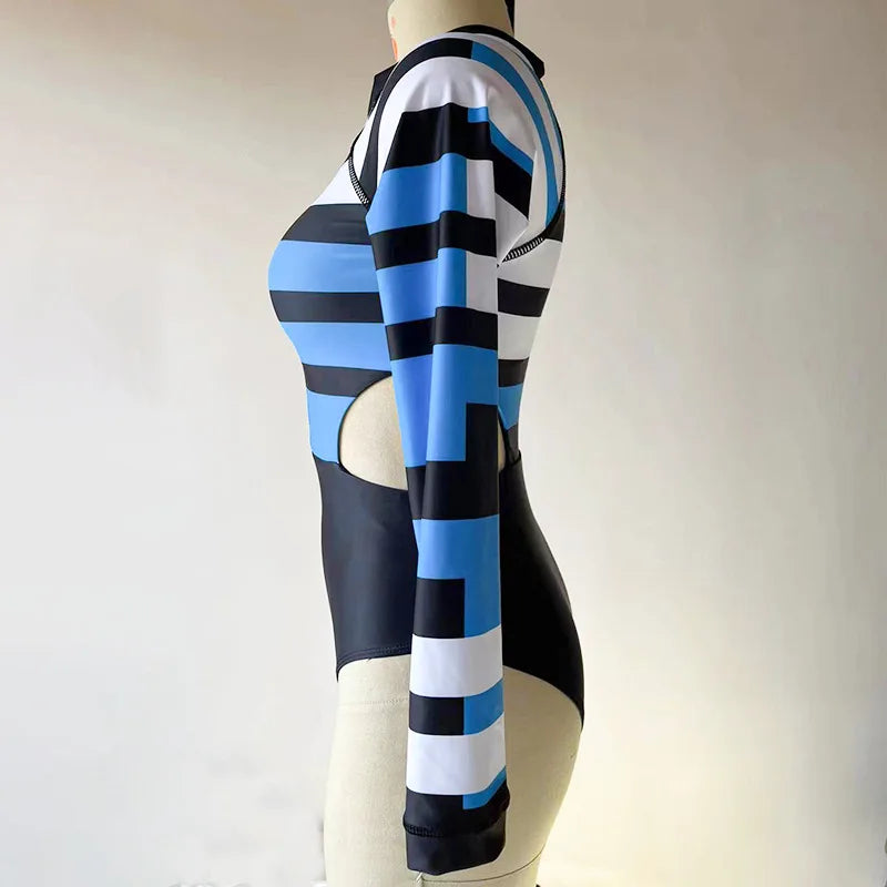 New Patchwork One-Piece Swimsuit Long Sleeve Swimwear Sports Backless Women's Swimming Bathing Suit Beach Wear Bather Surfing Beauty World Shop